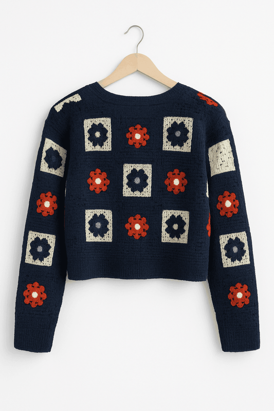 Crochet Flower Cardigan – Navy Blue - KOREO
