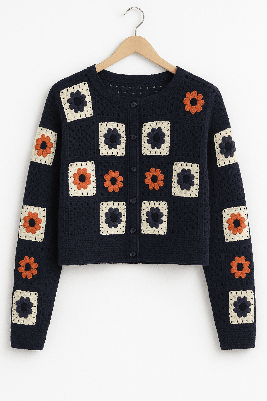 Crochet Flower Cardigan – Navy Blue - KOREO