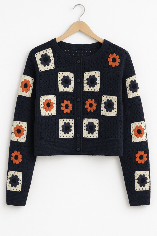 Crochet Flower Cardigan – Navy Blue - KOREO